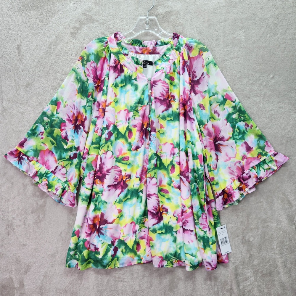Calessa Tunic Womens 2X Pink Floral Button Front Blouse Top Ruffle Sleeve Office